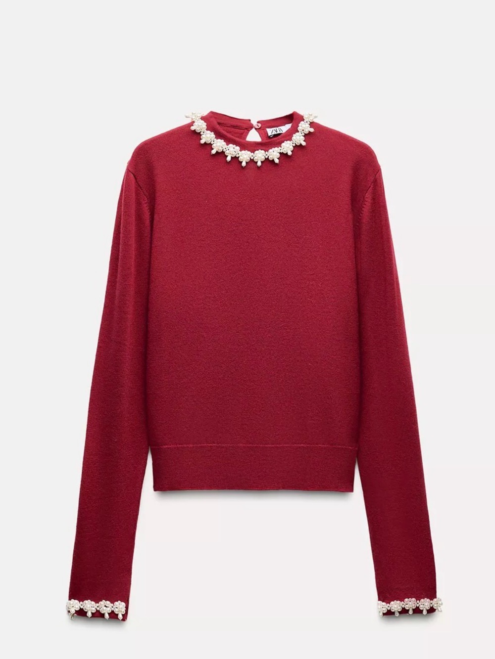 Zara Red Crewneck Sweater with Faux Pearl Floral Trim